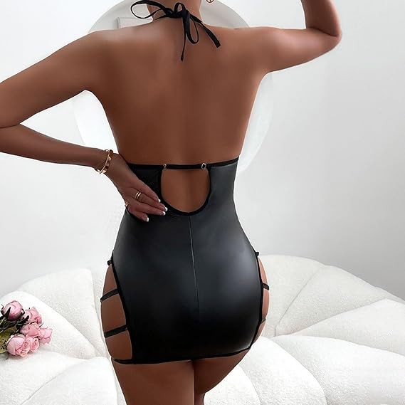 NEW Largel. Sexy STRAPS All Over! Black Backless Semi Sheer Bodycon Mini Dress