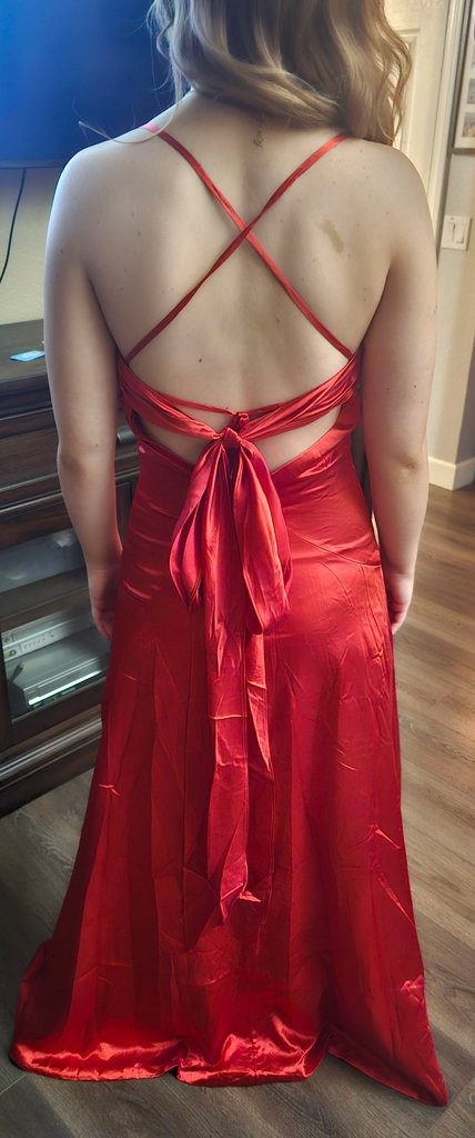 Red Satin Spaghetti Strap Ruched Gown w/ Open Back & Tie Detail
