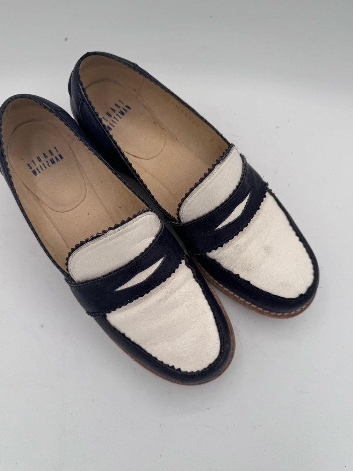 Stuart Weitzman Navy and White Two-Tone Penny Loafers