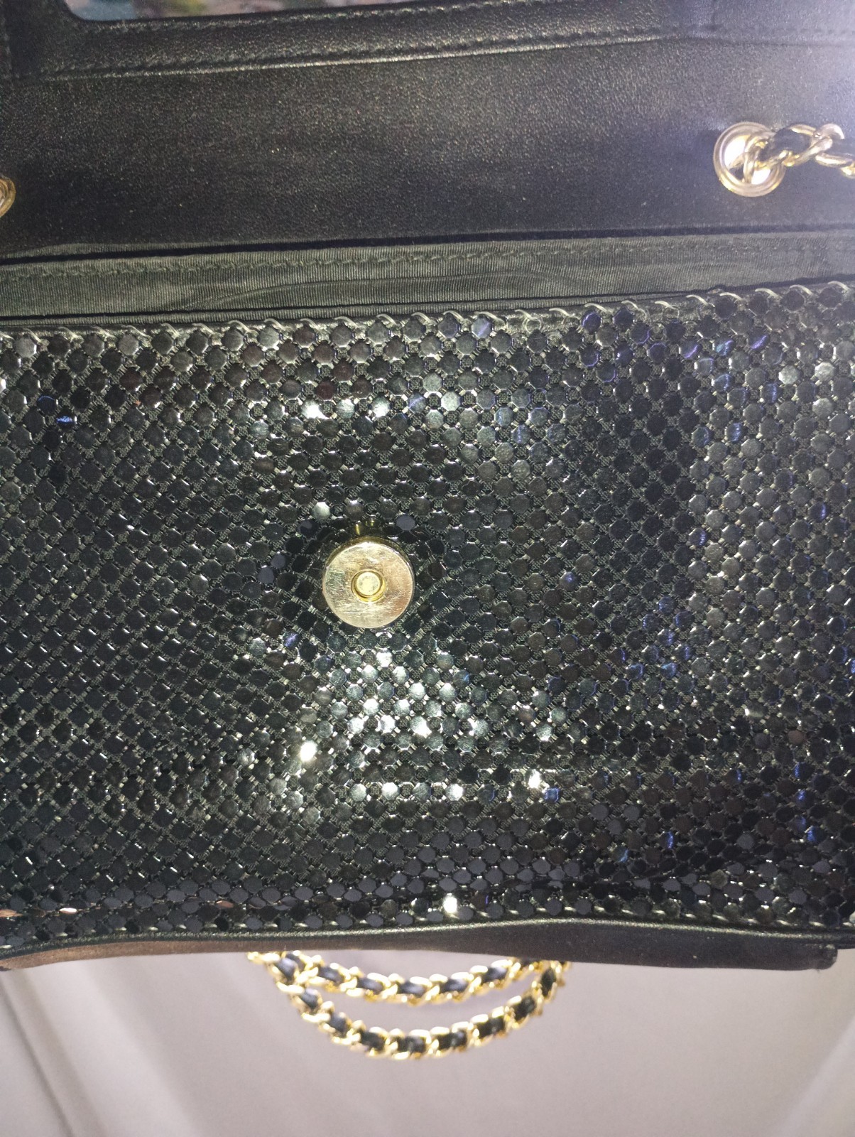 Whiting & Davis Black Metallic Mesh Small Shoulder Bag, Gold Chain Strap Mirror