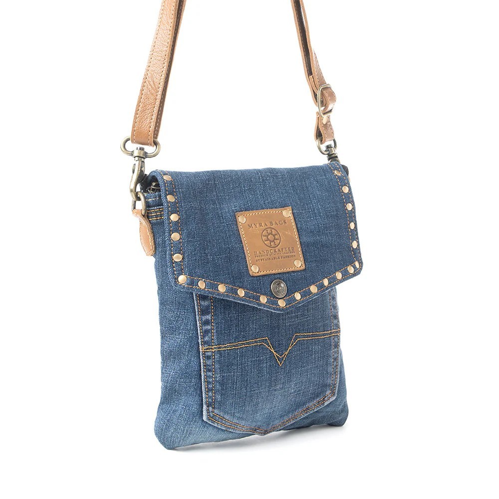 Dahlia Denim Small Crossbody Bag-Leather Adjustable Strap-Brass Studding-8″x9″