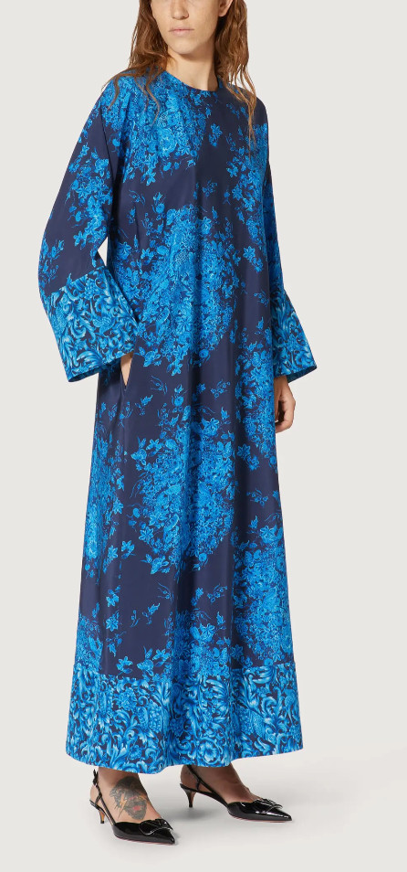 VALENTINO GARAVANI SILK Caftan Maxi Dress Delft Floral Print Kleid Maxikleid M