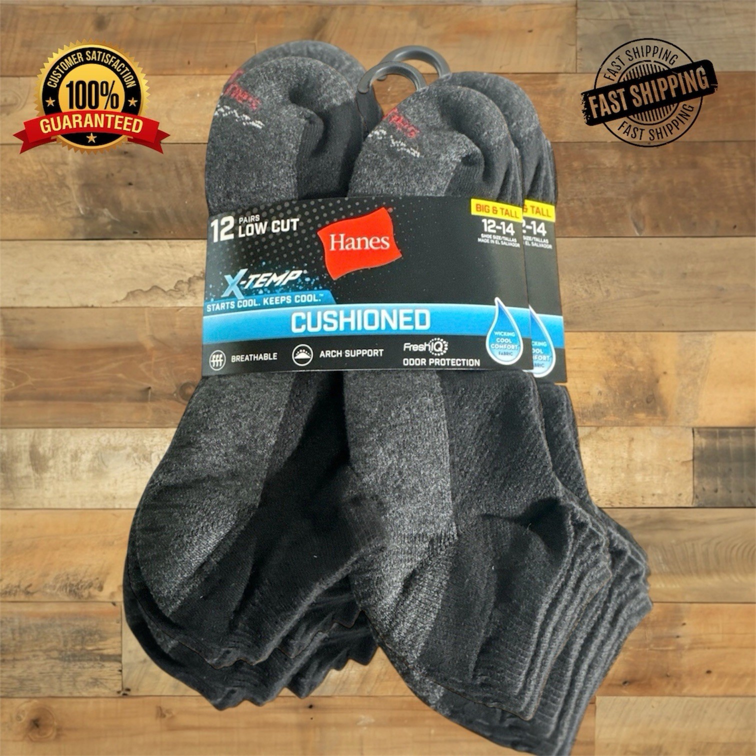 Hanes Mens Socks X-temp, Cushioned Lowcut 12-pk, Black, Sz 12-14 US, Lot of 3