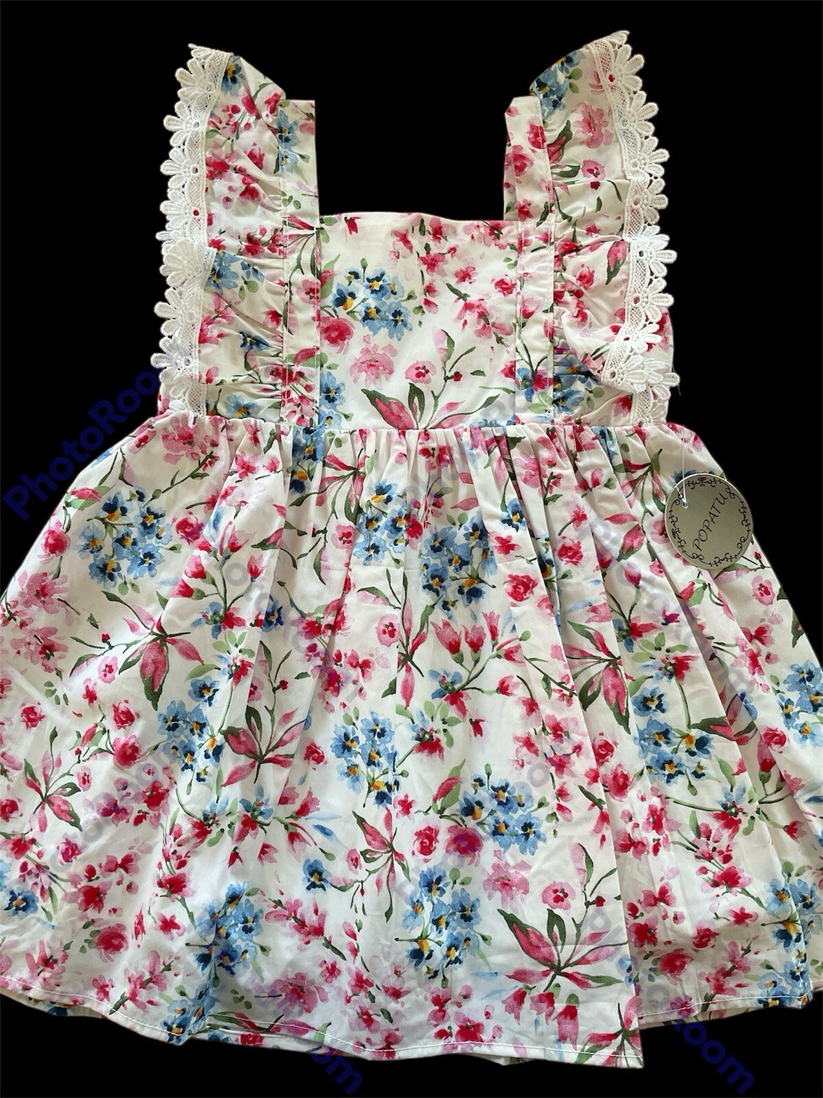 Popatu NWT Ivory/Pink/Blue Floral Ruffled Lace Trimmed Lined Dress-24Mos