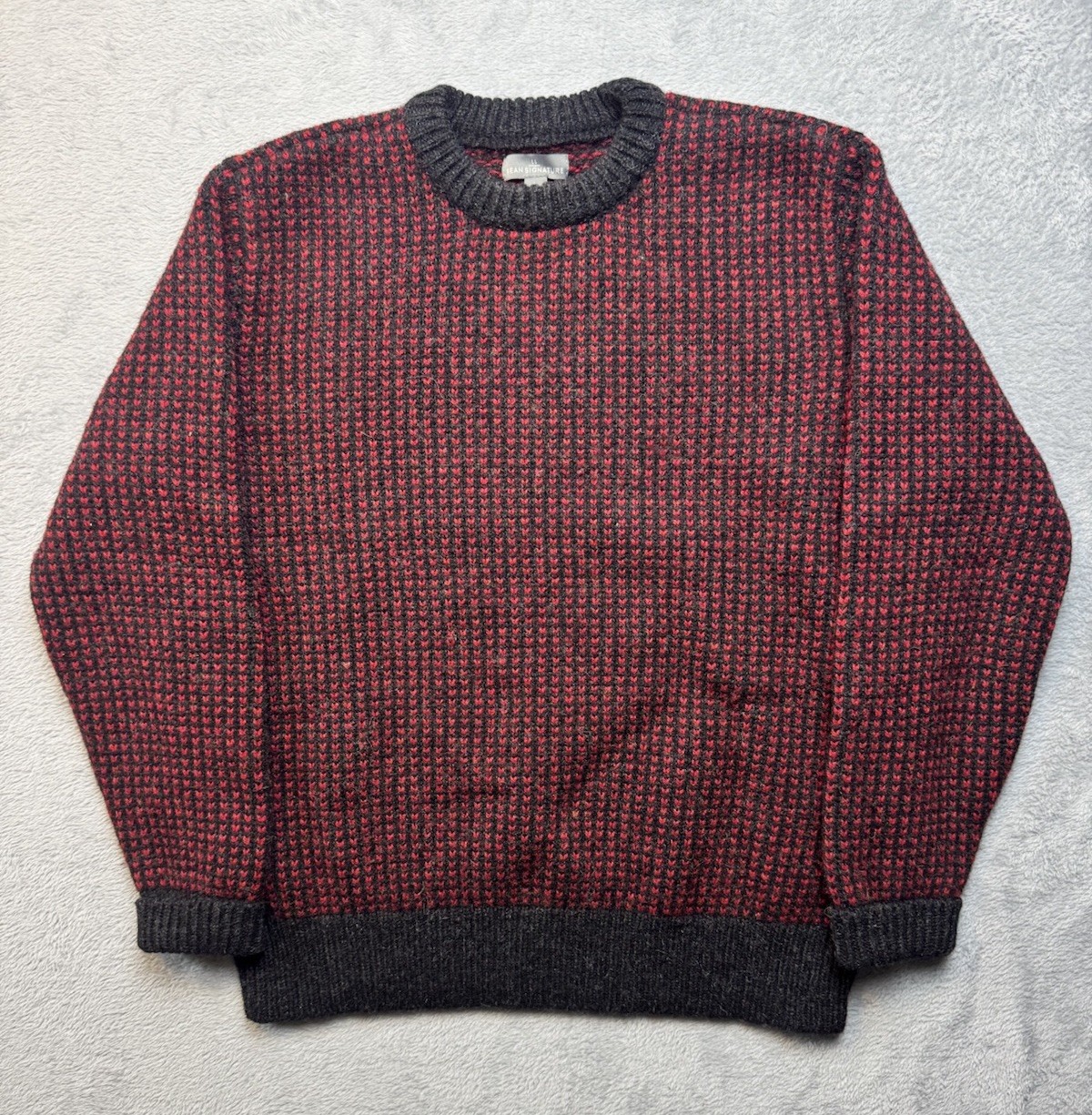 LL Bean Signature Men’s Birds Eye Wool Fisherman Sweater Red Gray Sz Large VTG