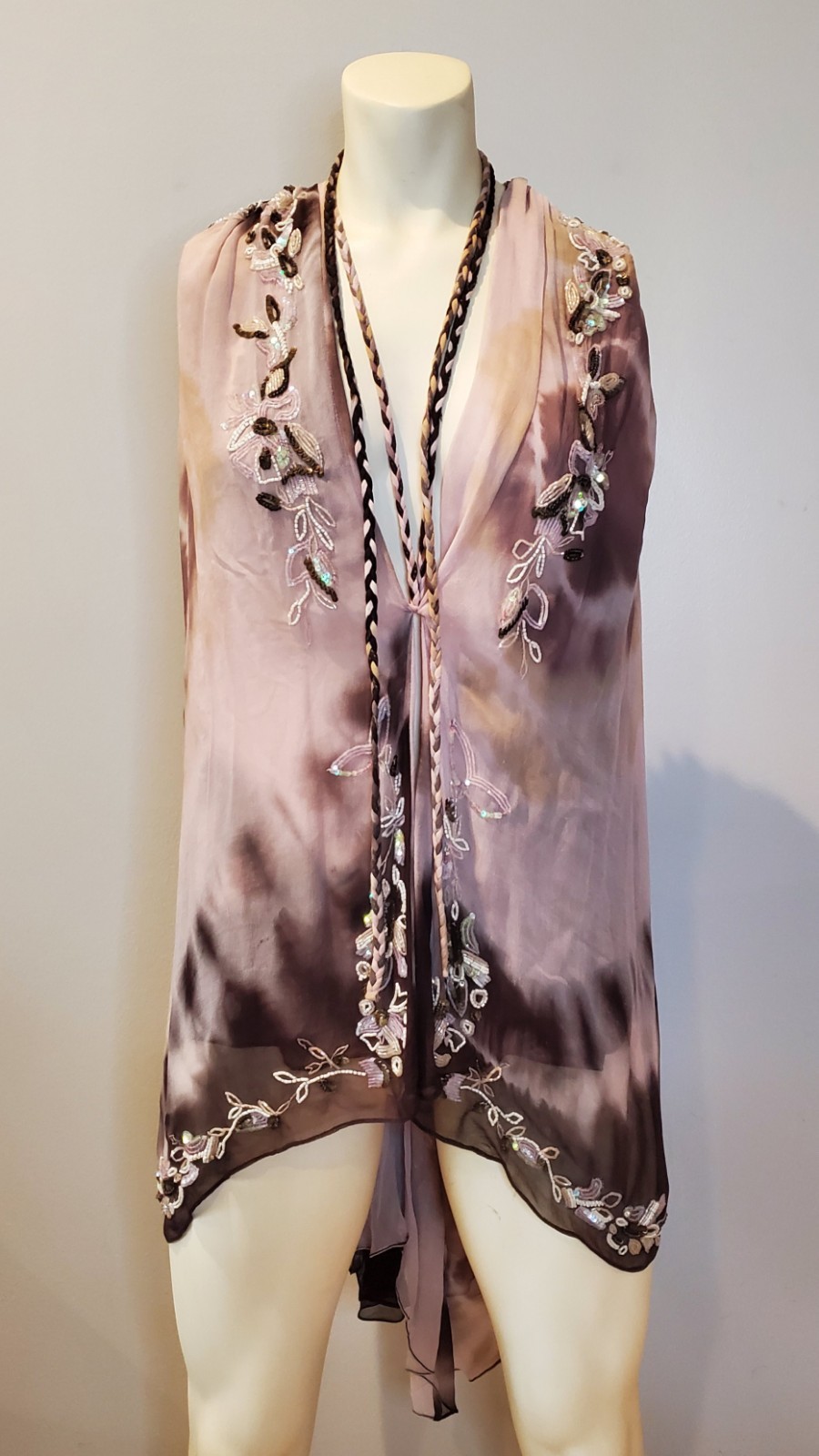 Vintage 2000s Y2K Allsaints Ombre Pink Brown Beaded Tunic Top Mini Dress 8 Uk S