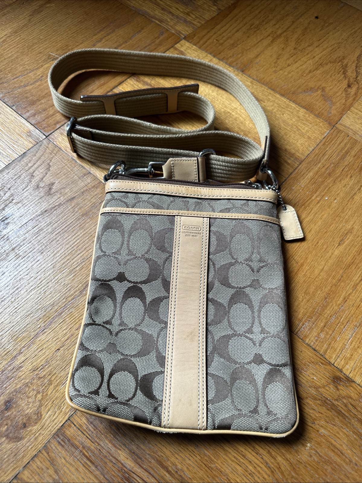 VINTAGE COACH Natural leather & canvas signature crossbody bag brown