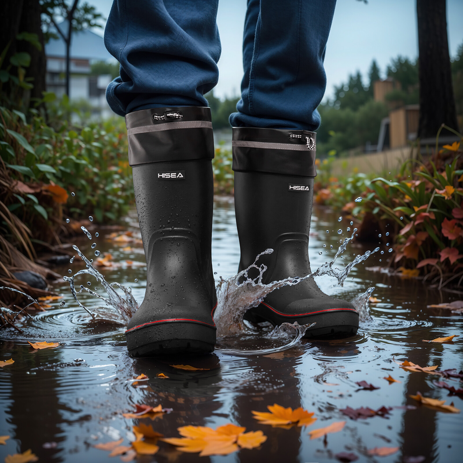 HISEA Men Rubber Rain Boots Strap Collar Lightweight Soft Yard Fishing Work Boot