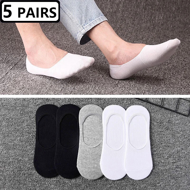 5 Pairs Men Boat Socks Large Summer Non-slip Silicone Invisible No Show Sock
