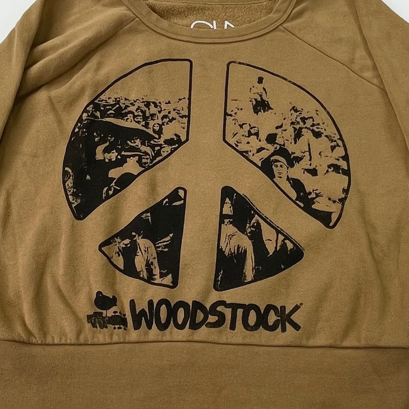 Chaser Woodstock Peace Sign Cropped Mustard Brown Sweatshirt Womens XS