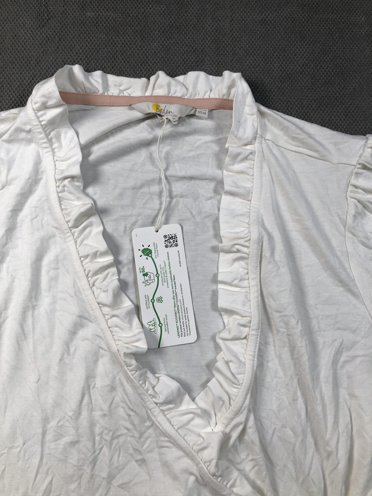 Boden Blouse Womens 14 White V Neck Long Puff Sleeve Ruffle Jersey Top NWT