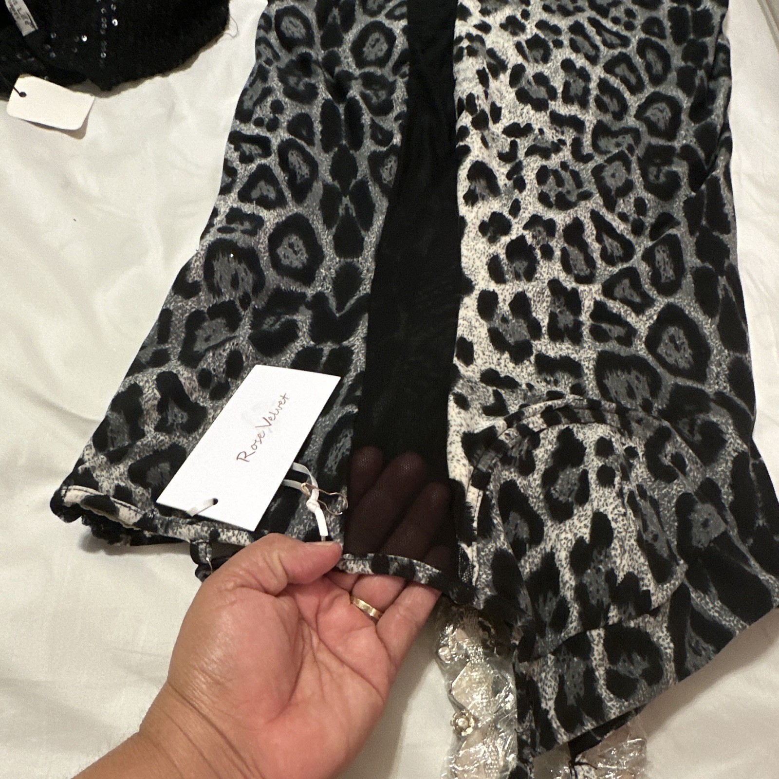 Rose Velvet Gray Black Leopard Velvet Scoop Neck Strappy Mini Dress M