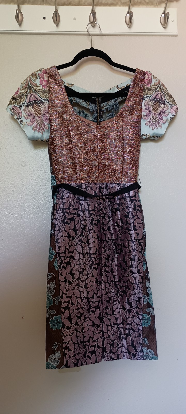 Byron Lars 2P Petite Floral Brocade Sheath Dress Belted Zip Scoop Knee