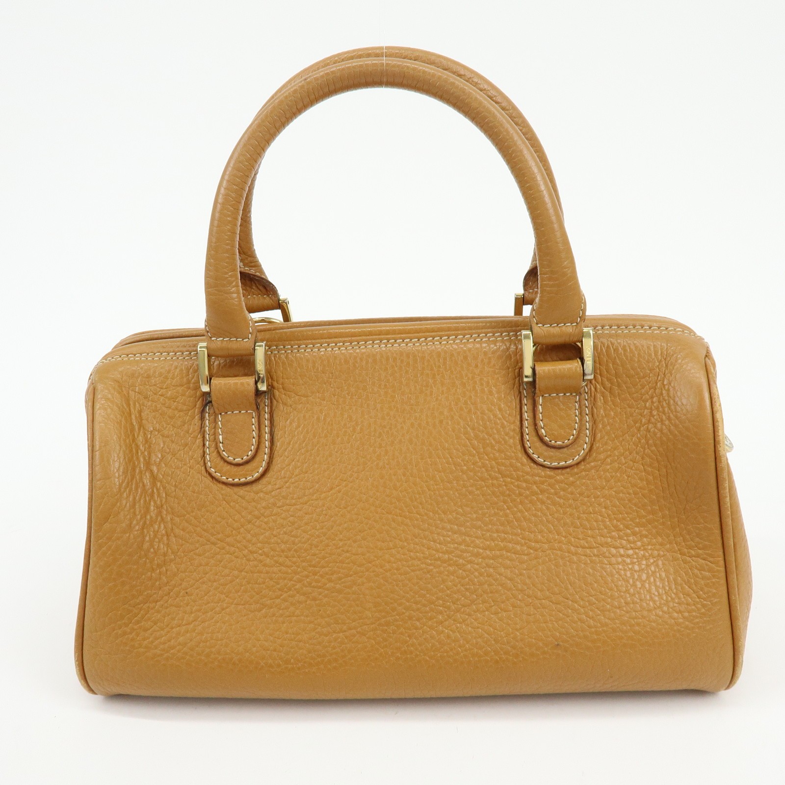 FENDI FF Logo Leather 2Way Bag Hand Bag Boston Bag Camel Authentic Used F/S