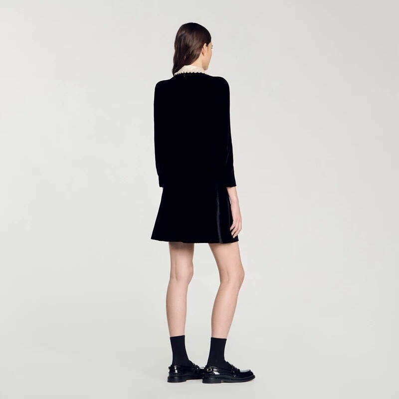 Sandro velour Pearl Doll collar Long sleeve Dress Black for Women