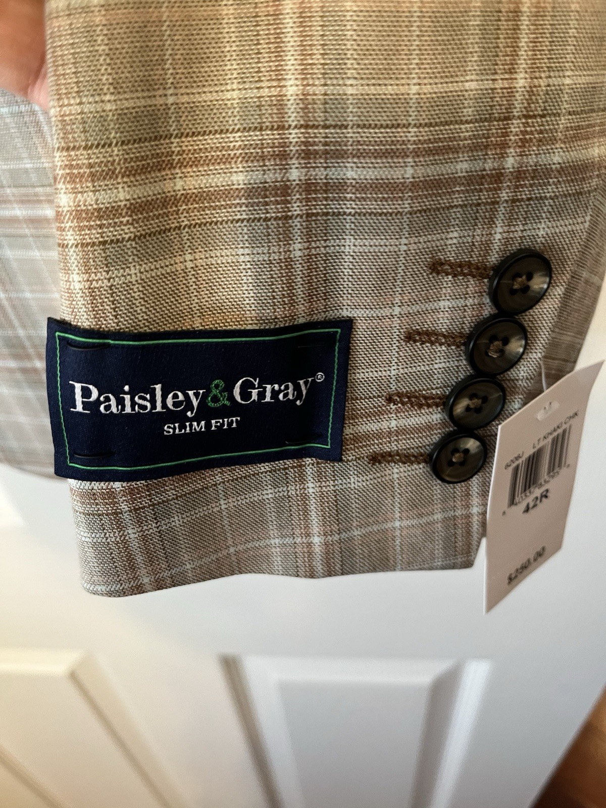 Paisley & Gray 42R SlimFit Windowpane Blazer Brown Floral Ticket Pocket Square