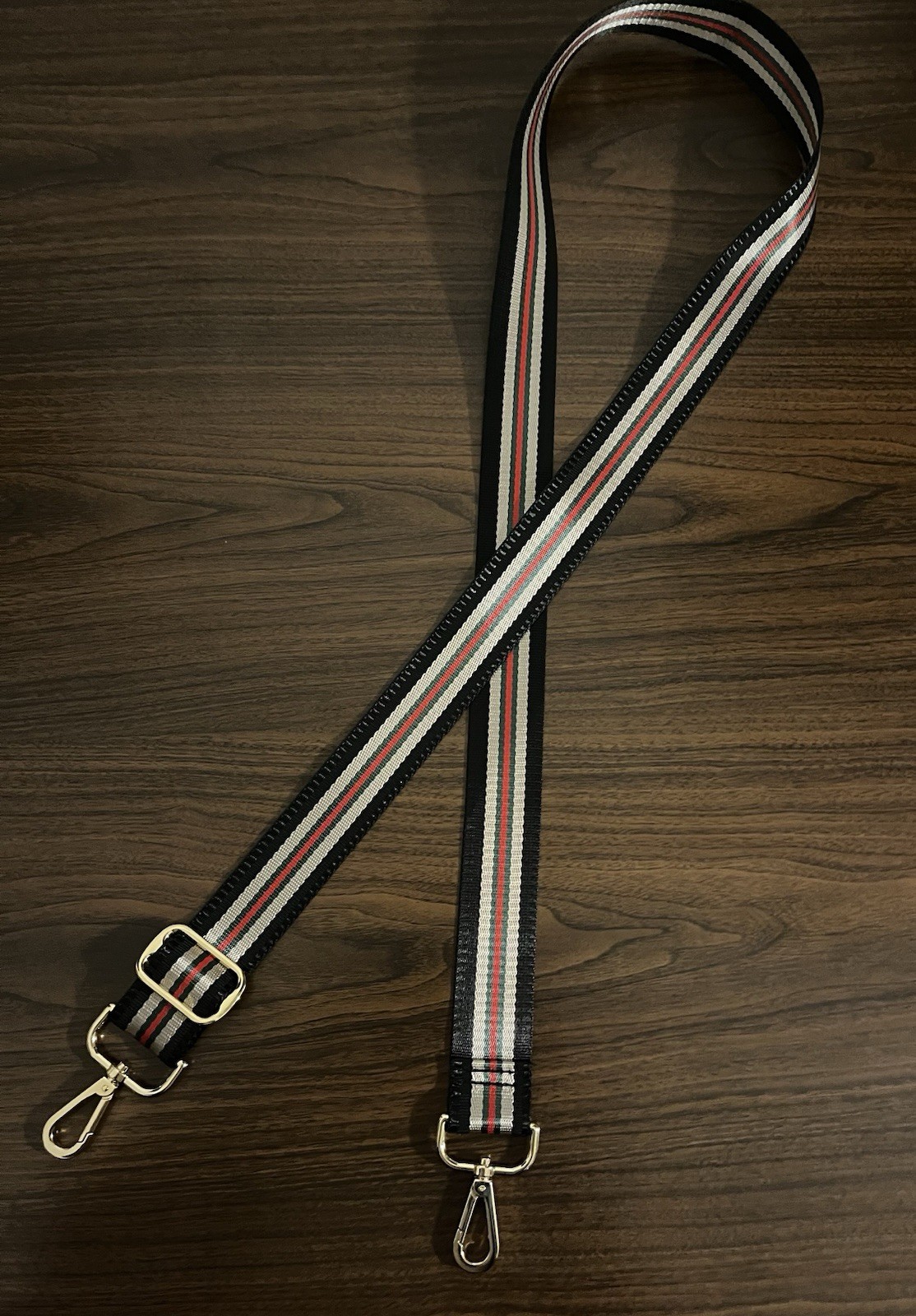 NEW Mautto Woven Nylon Web Stripe Bag Strap, Black, Red, Green Gold Hardware