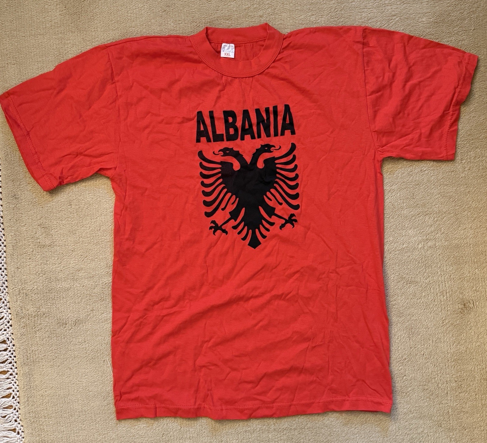 NEW!! Albania Red T-Shirt Tee Cotton Black Print Crewneck Mens LARGE & Map NWOT