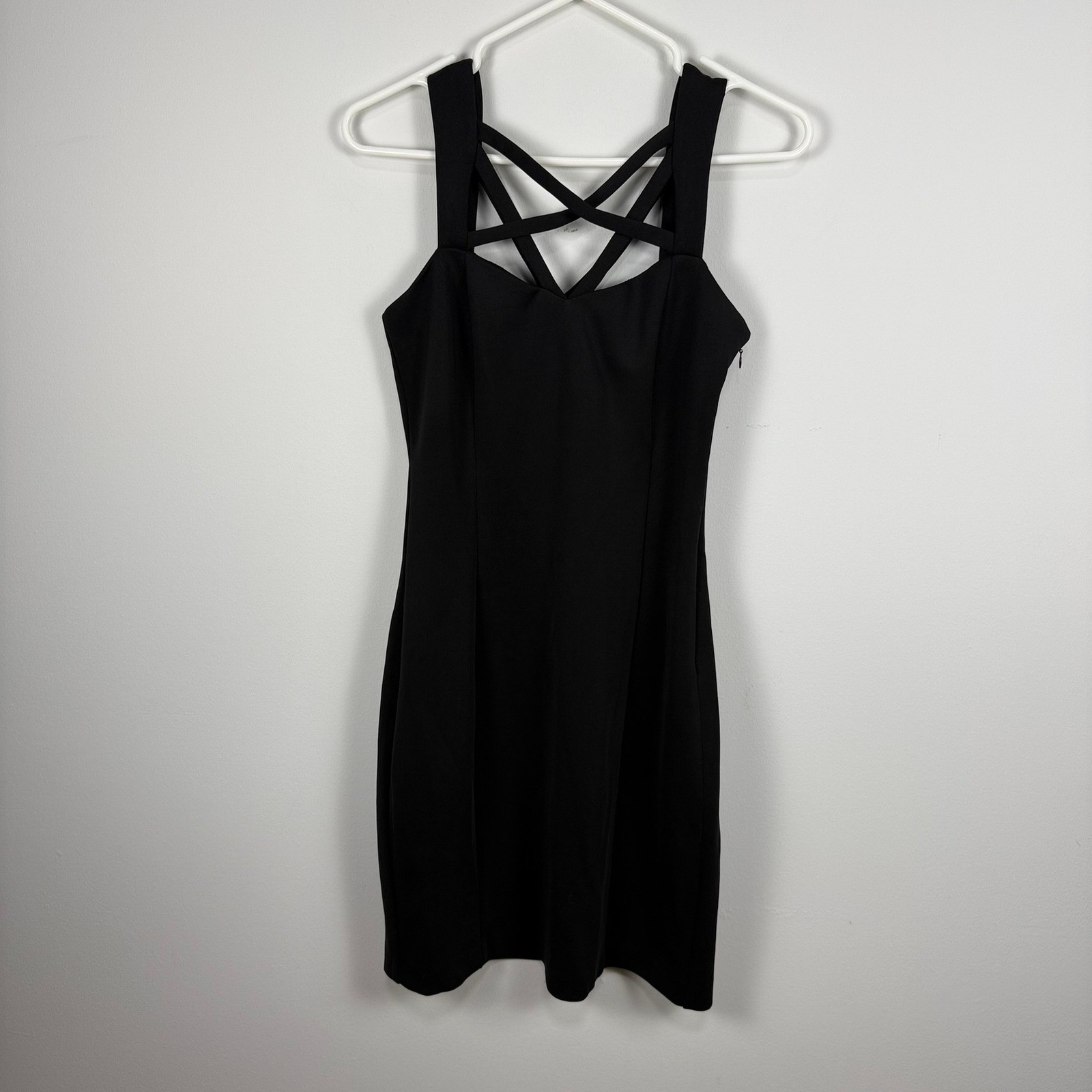 GUESS Los Angeles Black Bodycon Dress Cage Strappy Neck Mini Sheath LBD
