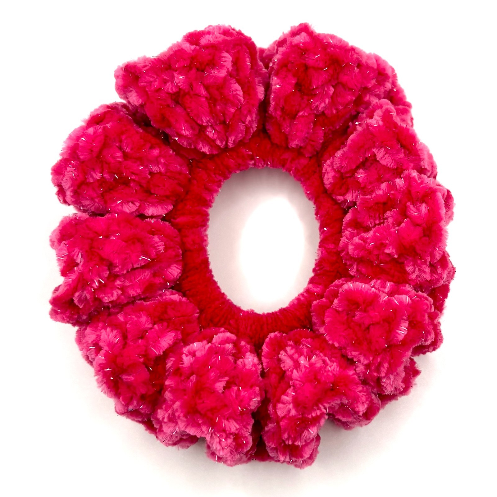 Sparkle Hot Pink Crochet Velvet Scrunchies, Durable, Soft Polyester