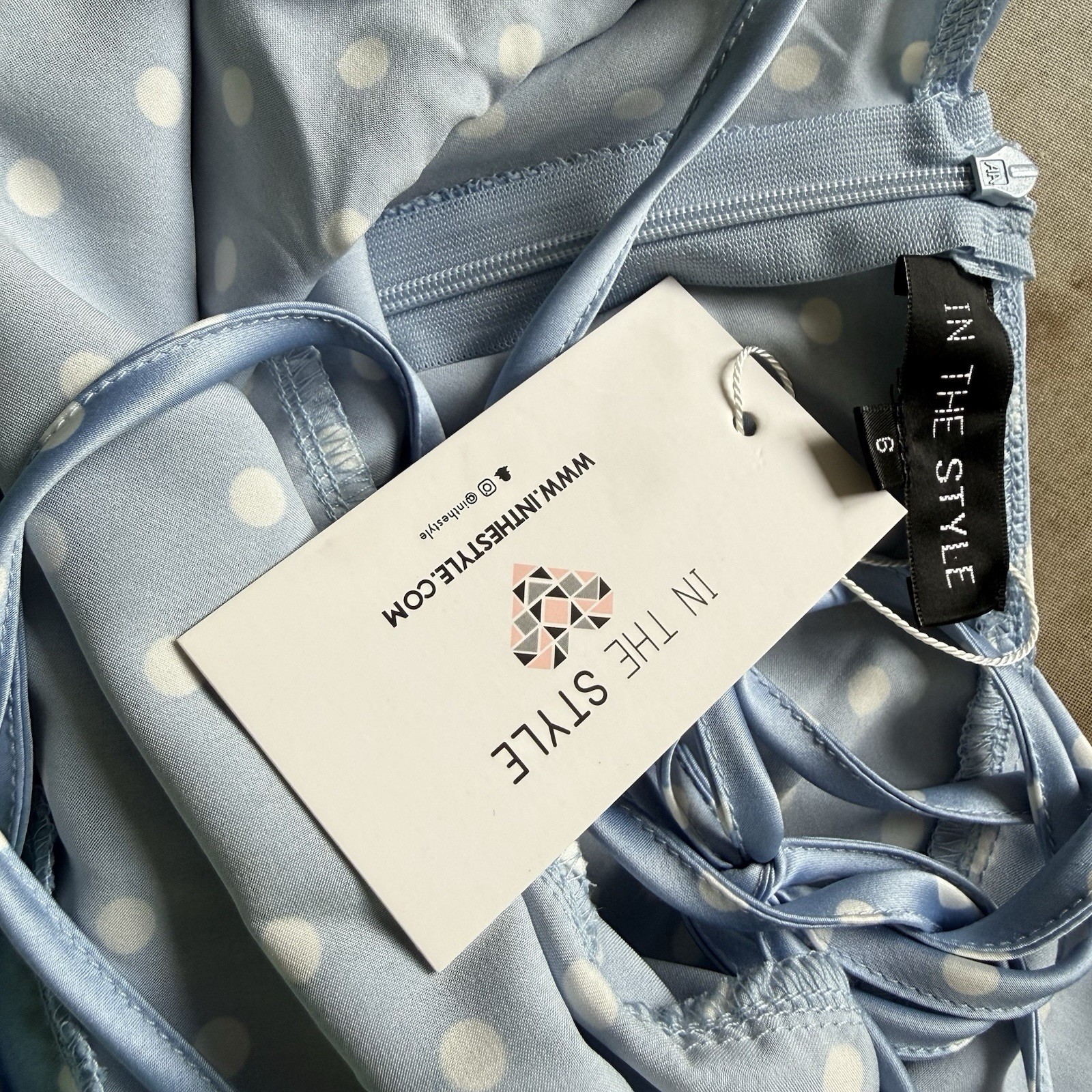 In The Style Blue Polka Dot Satin Dress UK 6 BNWT Strappy Ruffle Cowl Neck