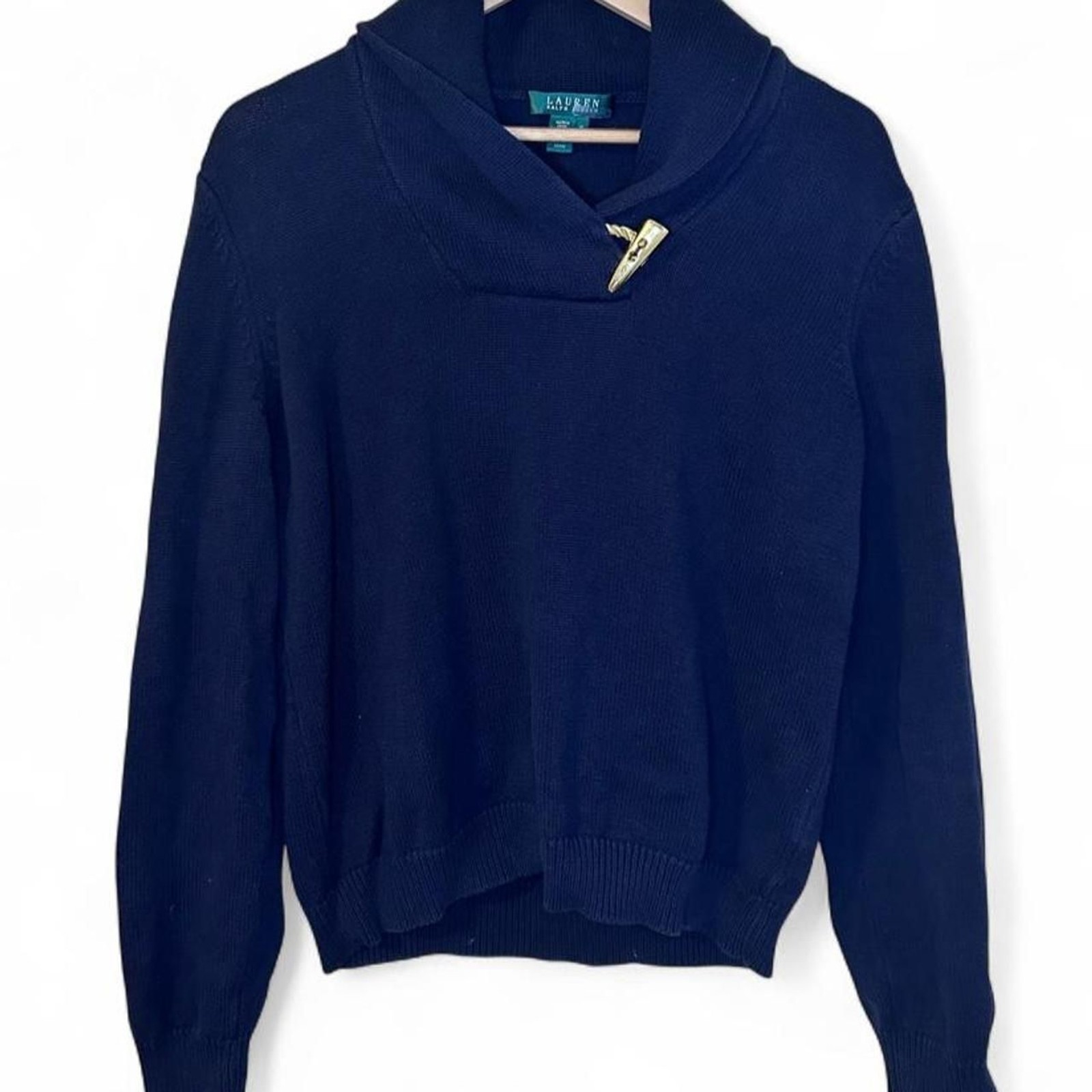 Lauren Ralph Lauren Gold Toggle Cotton Knit Sweater w/ Shawl Collar