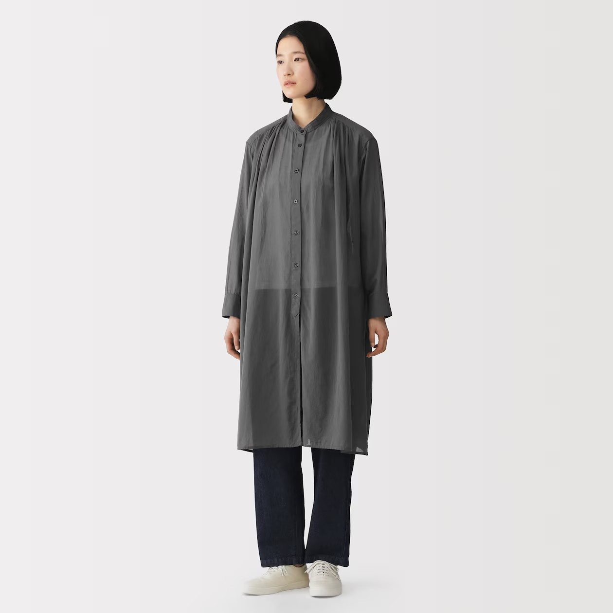 MUJI Womens 100% Organic Cotton Sheer Shirt Dress Charcoal Gray FedEx