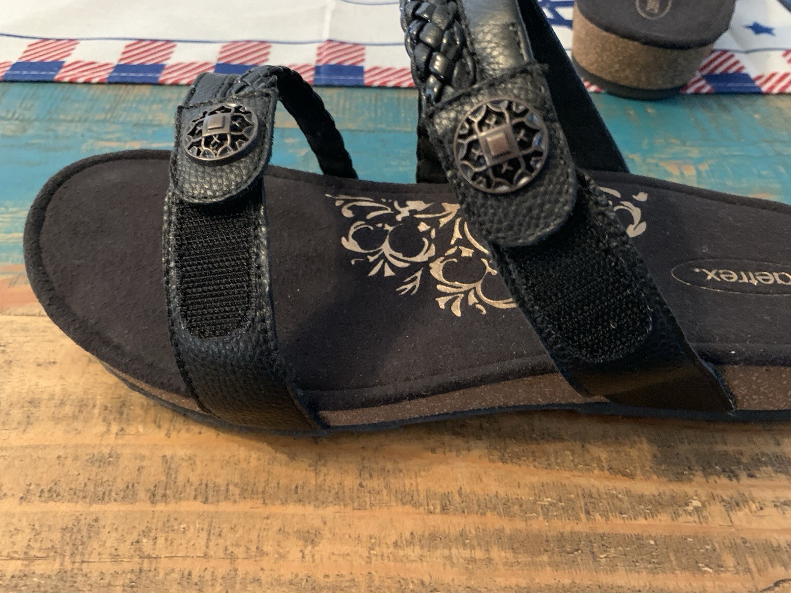 Aetrex Janey Braided Sandals Slide Womens 9.5 BlackLeather Adjustable Strap New