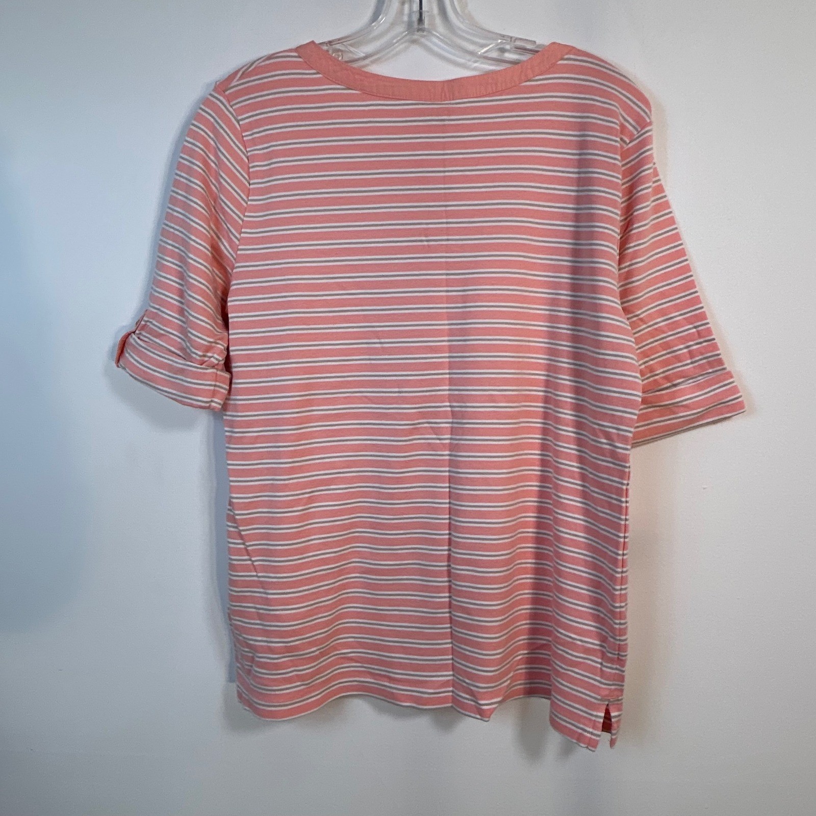 Croft & Barrow Womens Salmon Pink Striped Cotton Henley Roll Tab Sleeve Top L