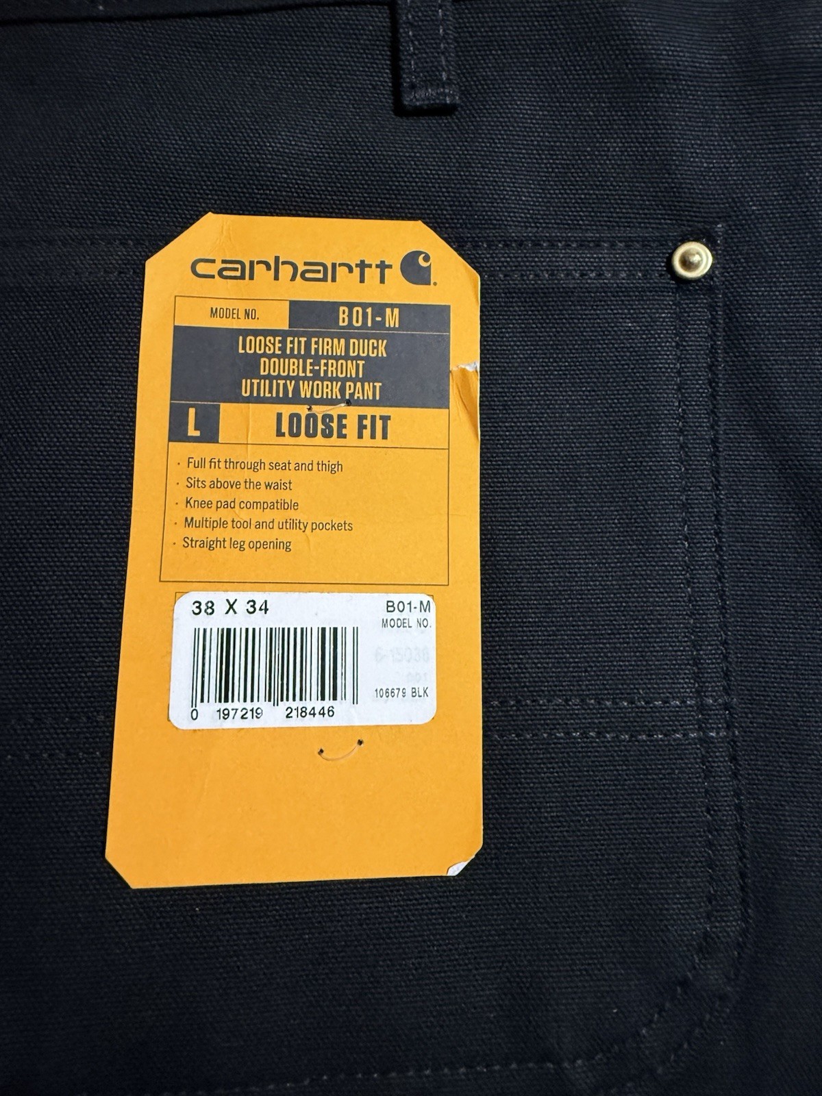 Carhartt B01 BLK Men’s Loose Fit Firm Duck Double Front Utility Work Pants 38X34