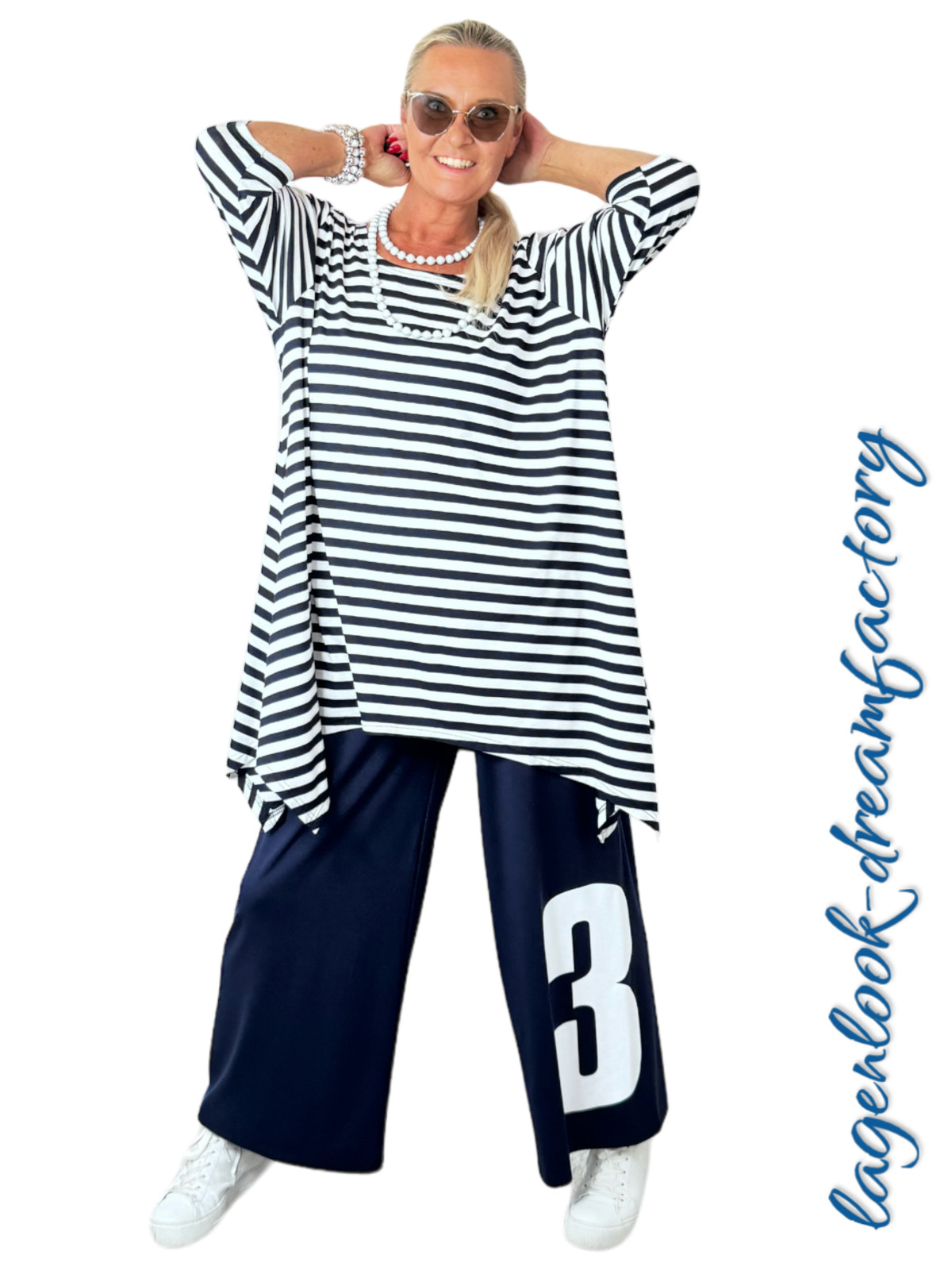 Layered Look A-Line Long Tip Tunic Navy White 5 Sizes 42 44 46 48 50 52 54