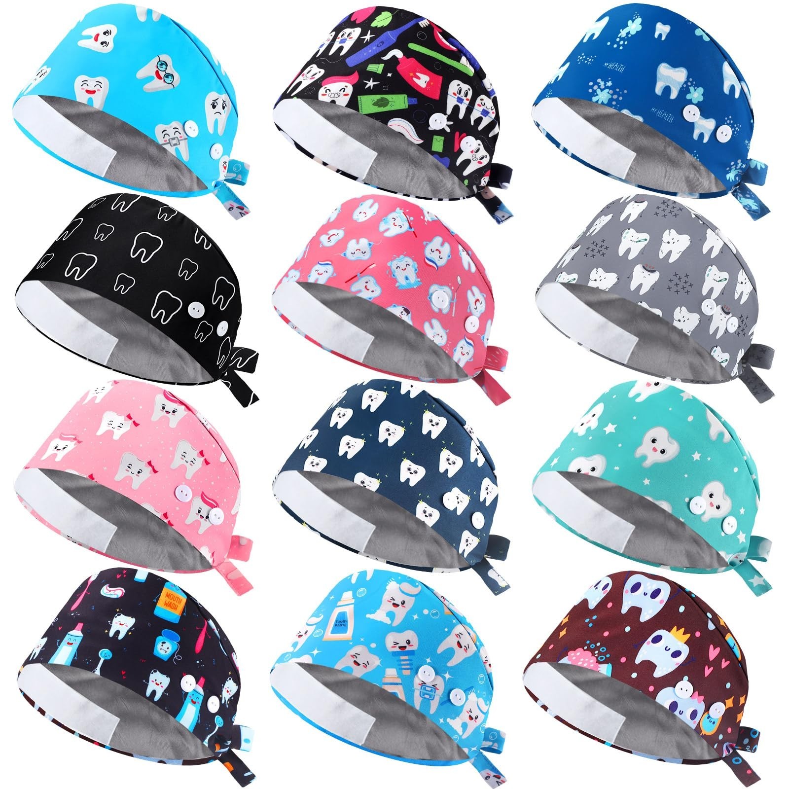 Hercicy 12 Pcs Satin Lined Scrub Caps with Buttons Sweatband, Adjustable Elas…