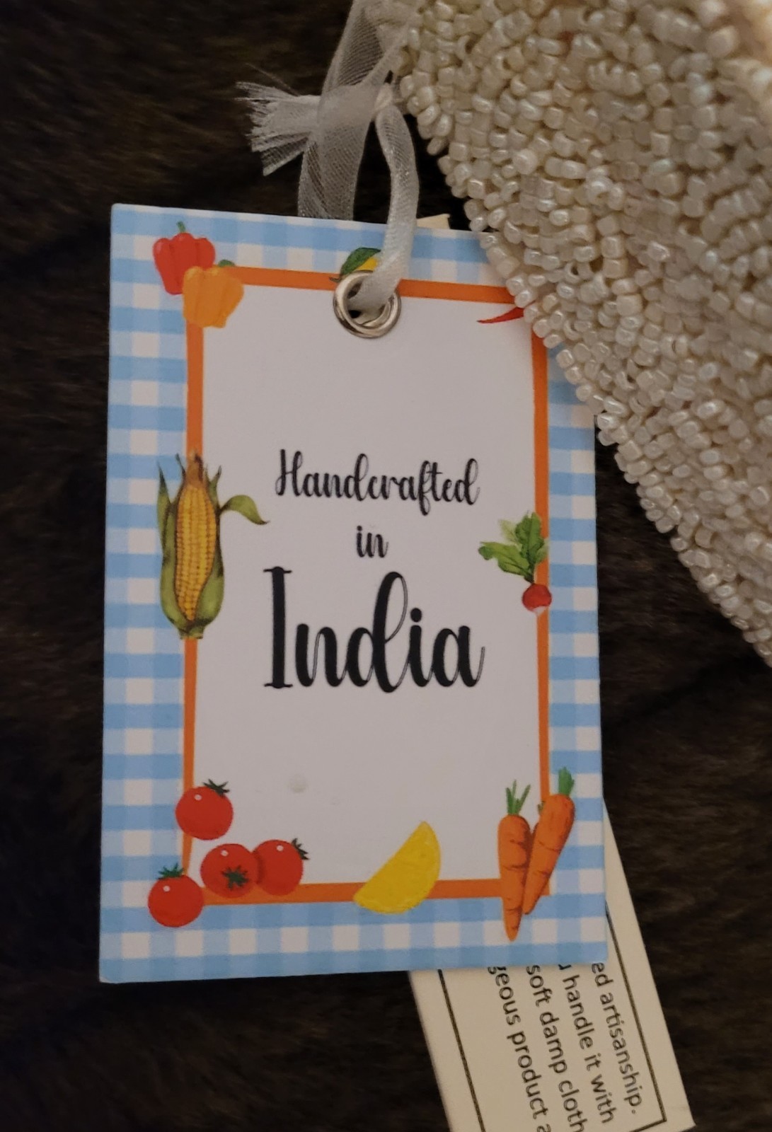Handmade In India Beaded Tomato Gingham Top Handle Women’s Handbag w/ Charm
