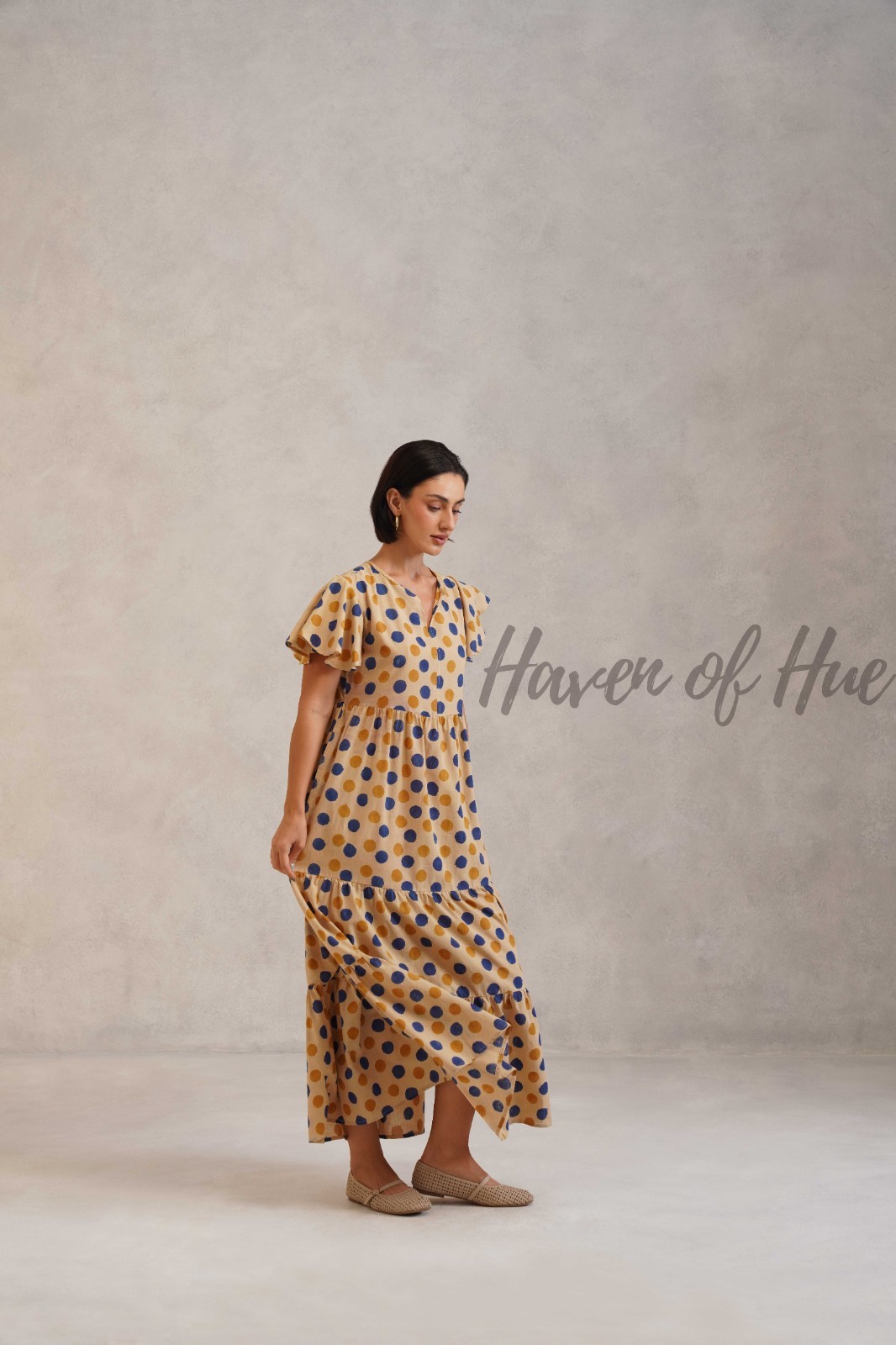 Hand Block Printed Cotton Midi Dress, V-Neck Long Sleeve Tiered Floral Outfit