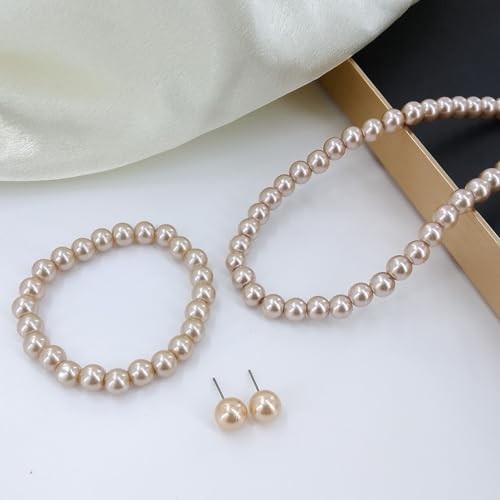 3Pcs Simulated Multicolor Pearl Necklace Earrings Bracelet Set Imitation brown