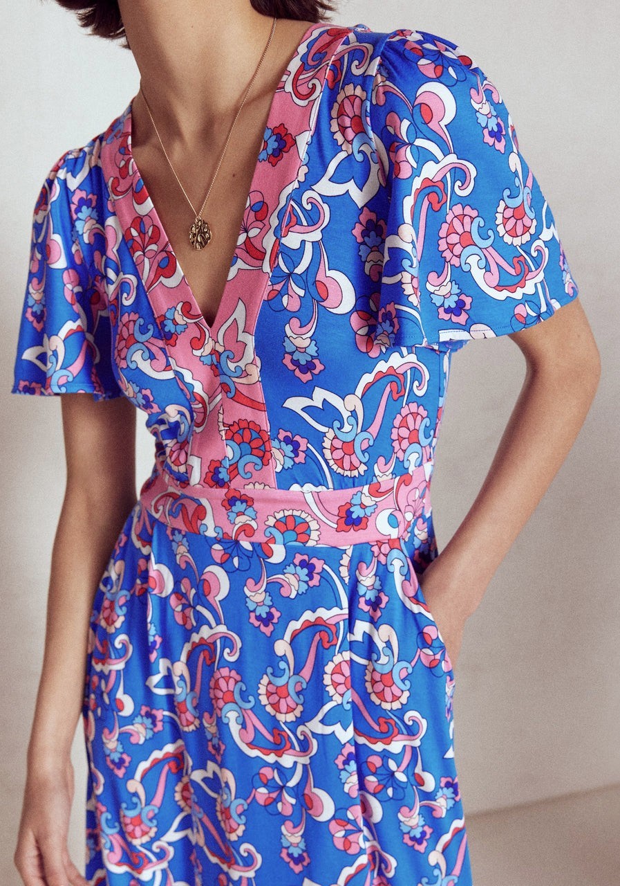 Boden ELLIE FLUTTER V-Neck Pink & Blue Short Sleeve Jersey Maxi Dress 18R
