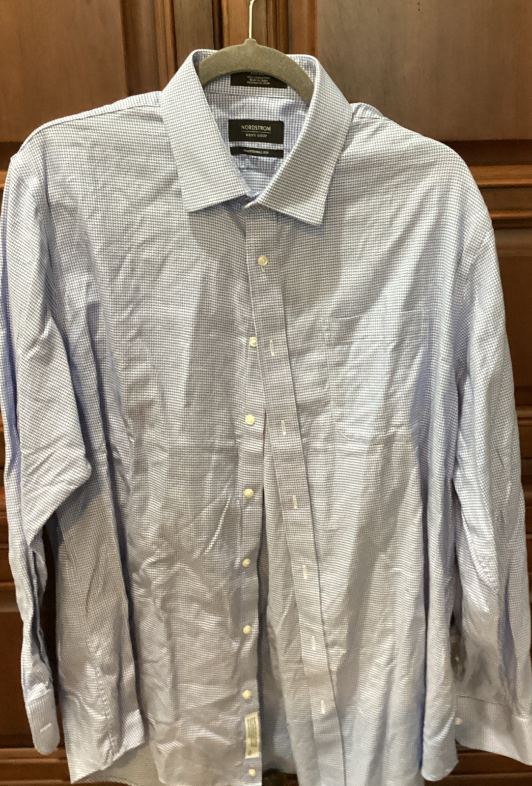 NORDSTRUM HOUNDSTOOTH PRINT BLUE/WHITE LS SHIRT NON IRON 17/35 EUC