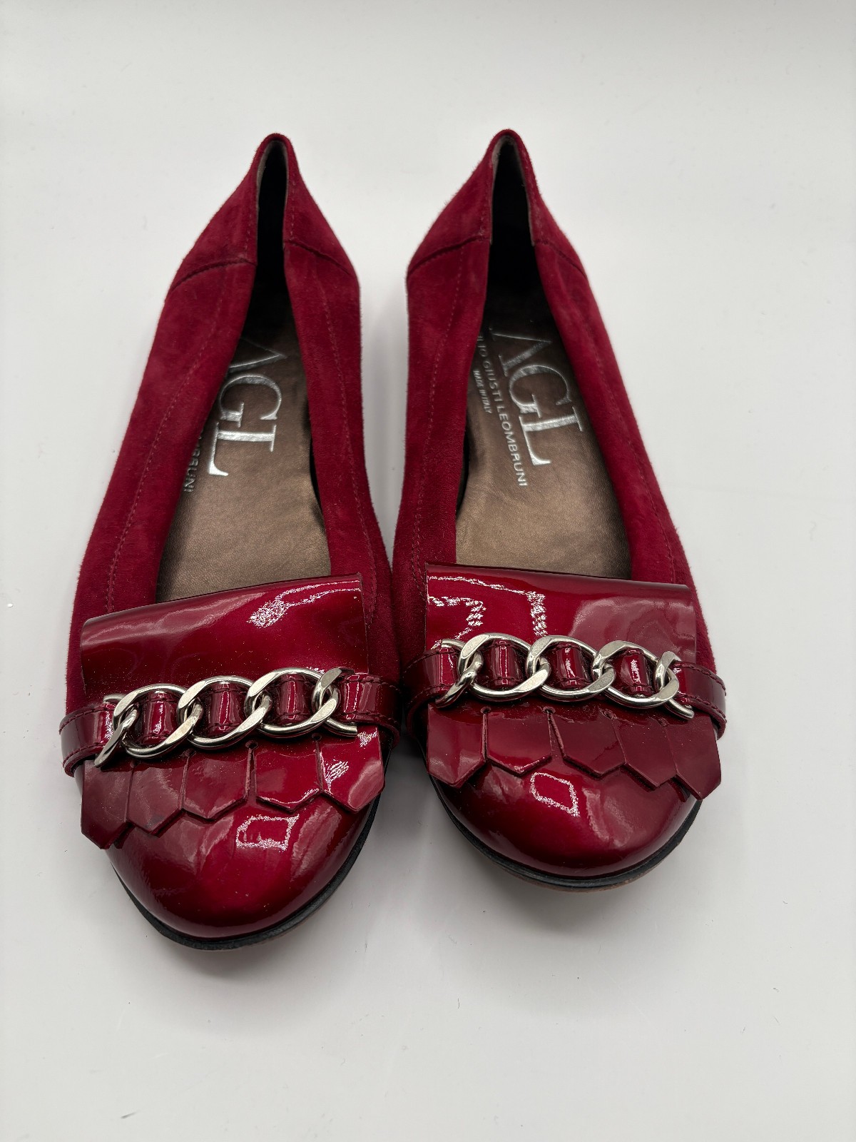 AGL Attilio Leombruni Patent Cap Toe Flats Shoes Red Suede Kiltie size 39.5