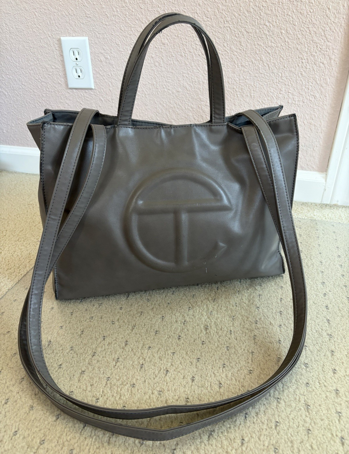 Authentic Telfar Medium Shopping Bag Grey Vegan Leather Shoulder Tote Fair Cond