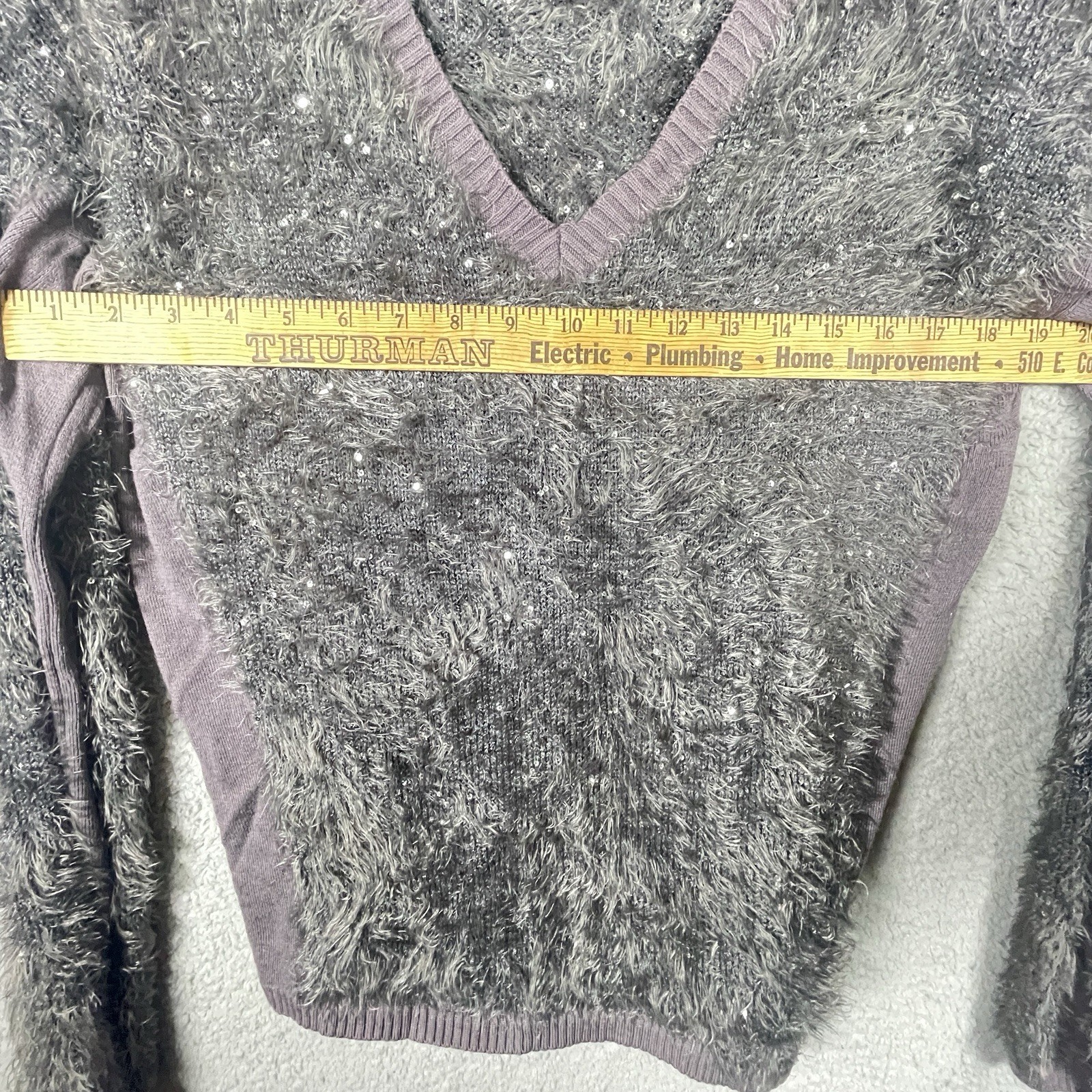 Trouvé Eyelash Fuzzy Sequin V-Neck Sweater Size L Gray Nordstrom