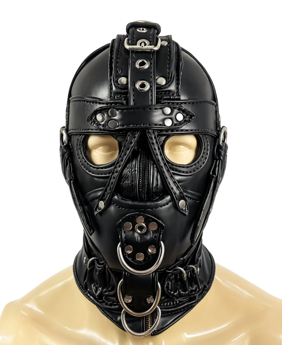 Black Leather Full Face Hood Mask Adjustable Cosplay Costume with Metal Rings