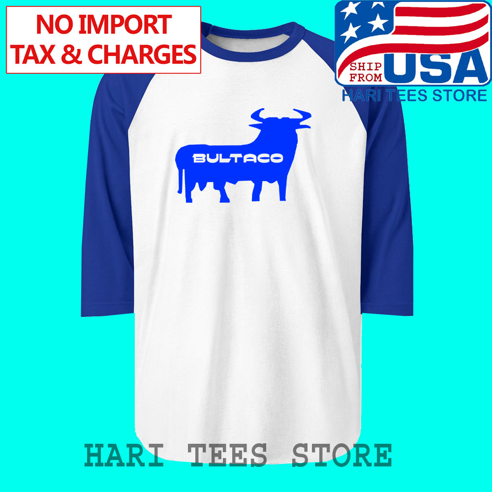 Bultaco Bull Men’s Raglan White Blue Size S to 2XL
