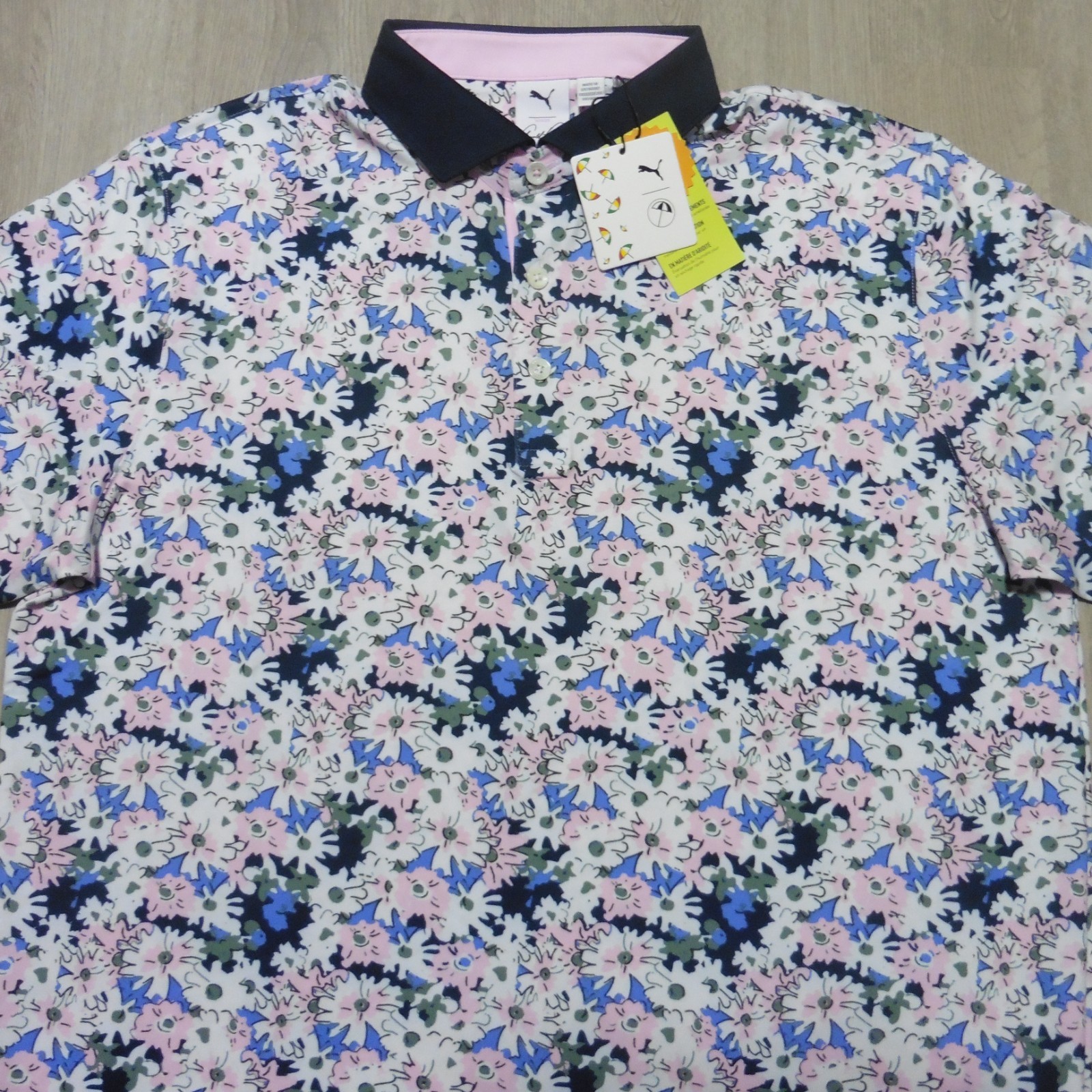 PUMA ARNOLD PALMER Mens M MEDIUM POLO SHIRT FLORAL WHITE GLOW DEEP NAVY GOLF AP