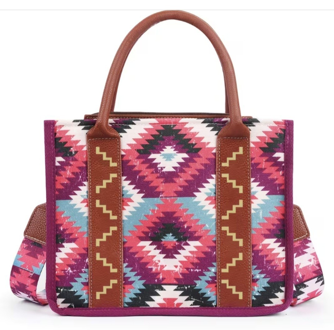 Western Aztec Geometric Tote Top Handle Zip Detachable Crossbody Strap Brown