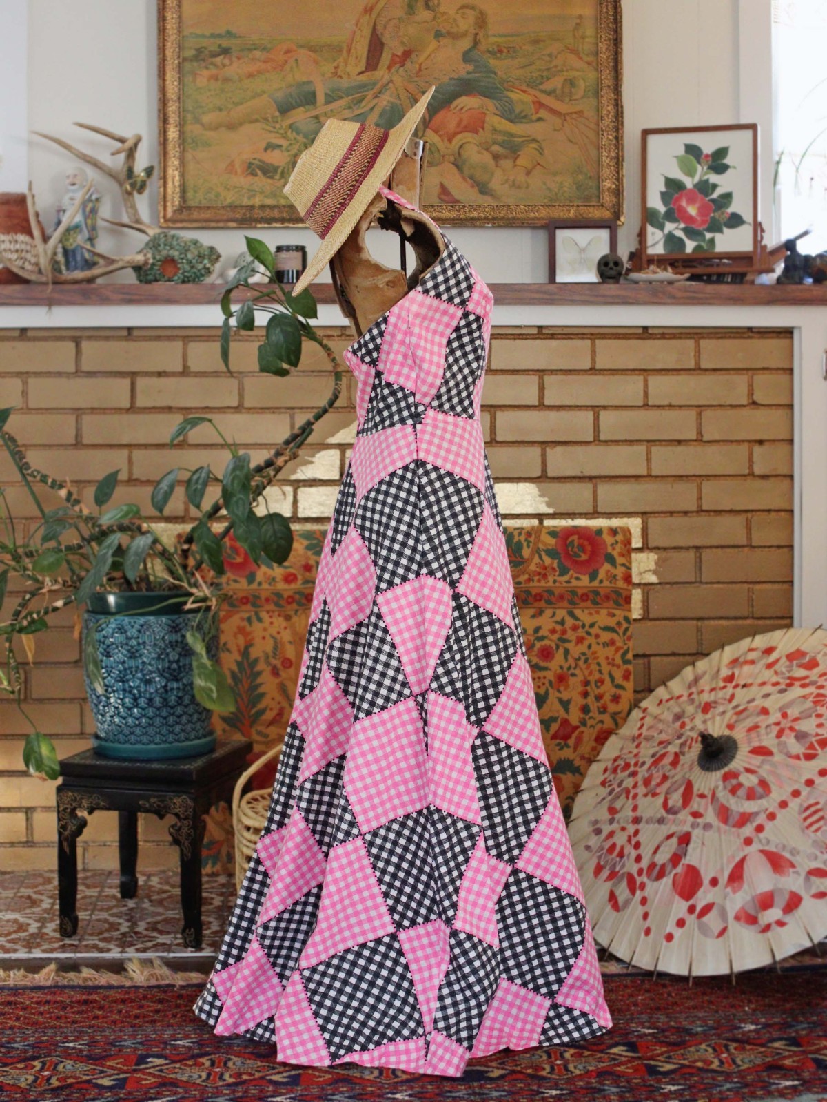 VTG 1960s Cotton Gingham Check Print Pink Black White Halter Maxi Party Dress