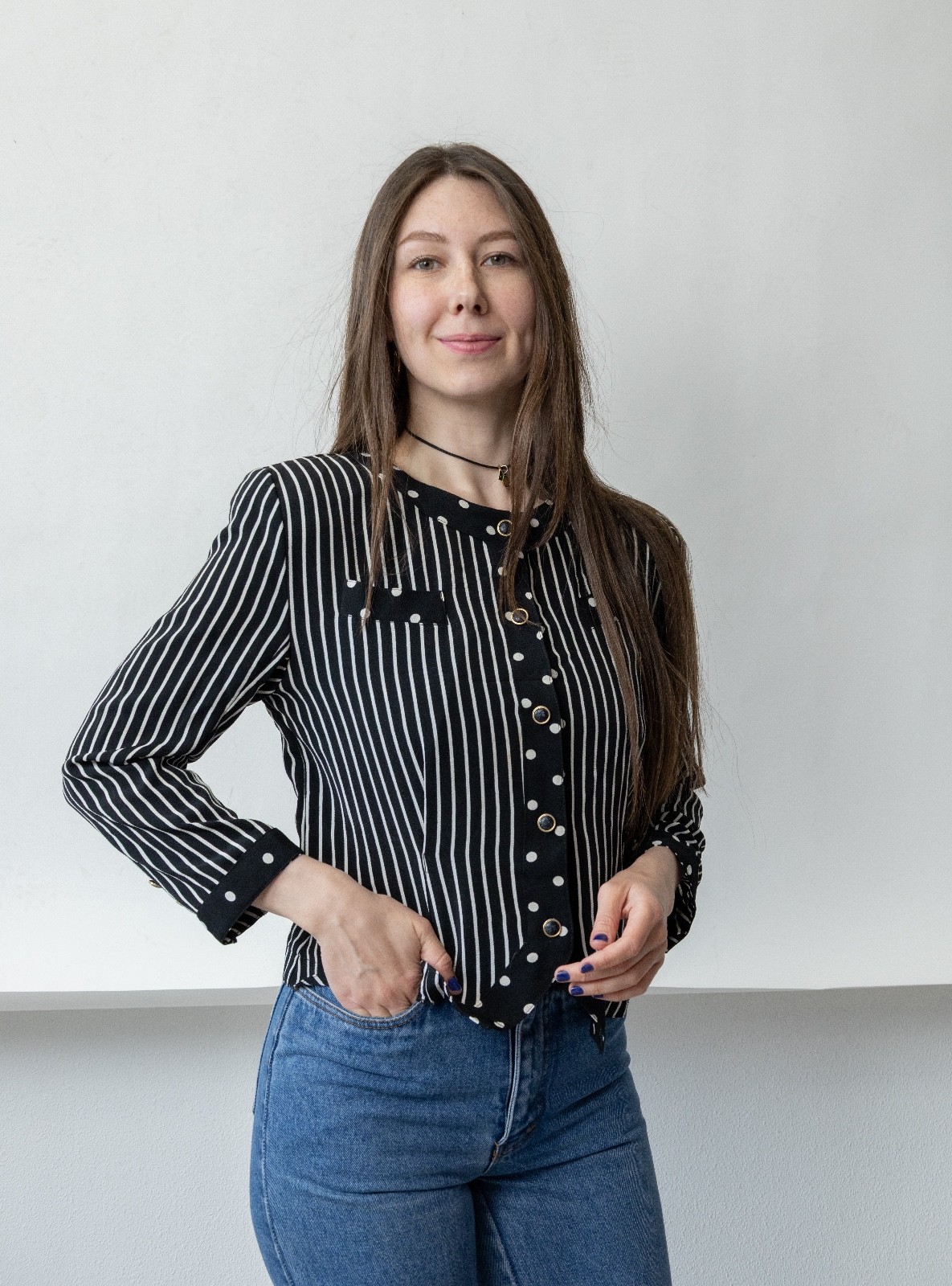 Vintage 80s Black White Mixed Print Blouse Stripe Polka Dot Office Siren Womens