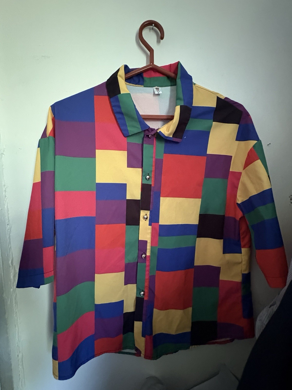 Color block Kidcore Button Up Top Loose Colorful Geometric Hippie Blouse