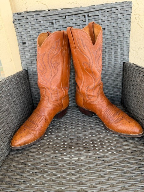 J Chisholm Men’s Size 11D Full Quill Ostrich Leather Cognac Cowboy Boots