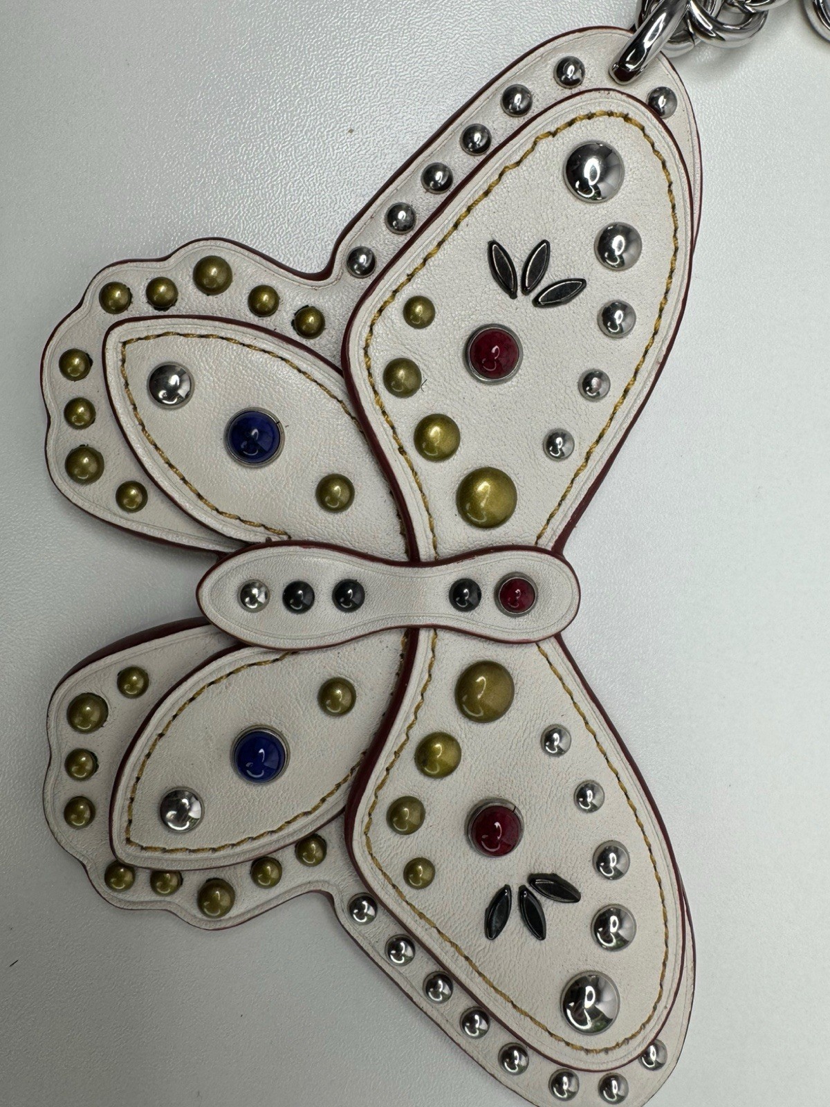 Coach Butterfly Large Leather Chalk White Colored Stone Metal Rivets Keychain