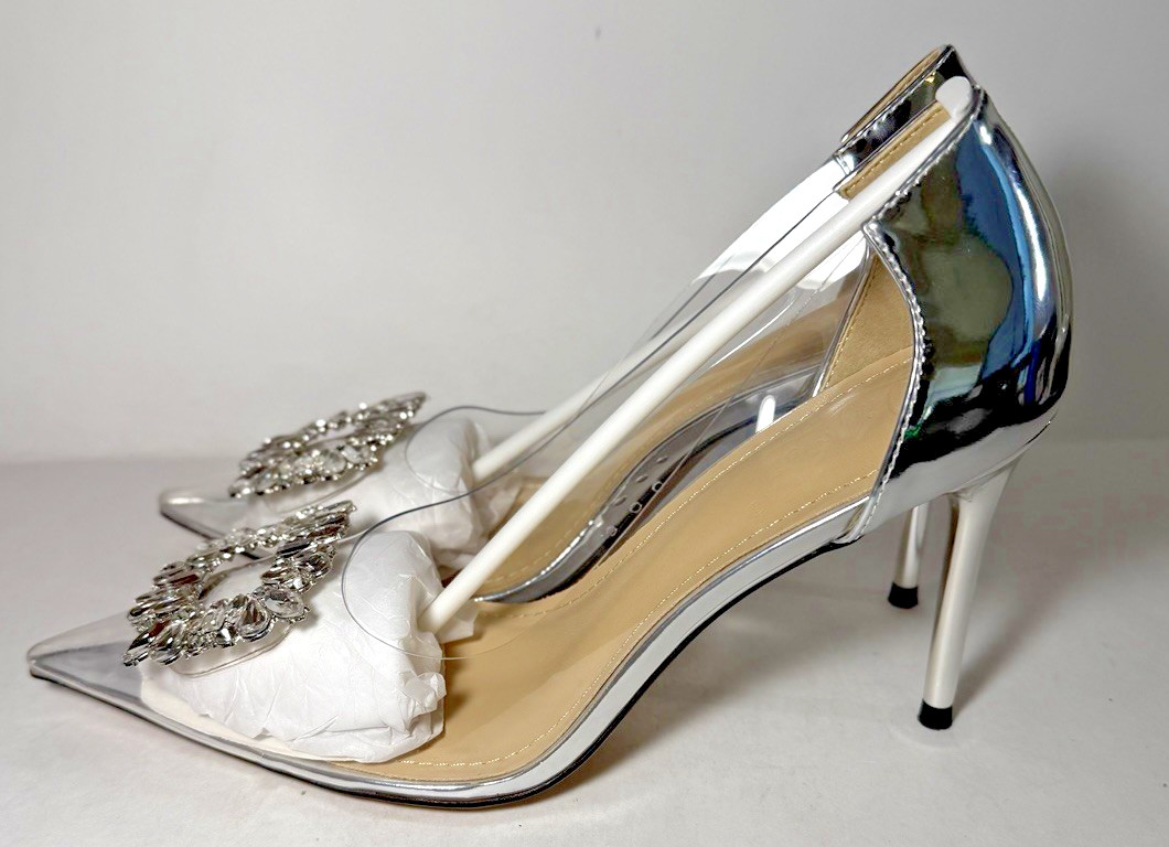 LING MEI 9cm High Heel Pointy Toe Crystal Buckle Clear Silver Women’s EU 38/US 8